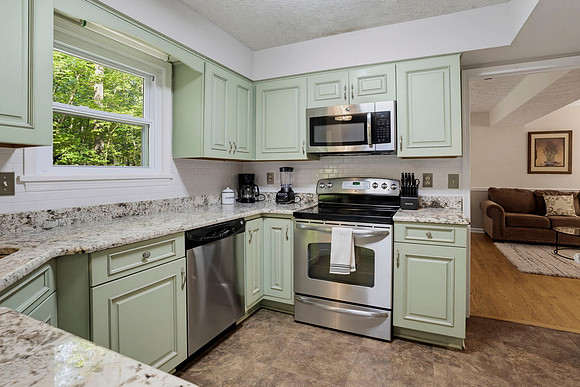 Full refrigerator, microwave, stove, and dishwasher.